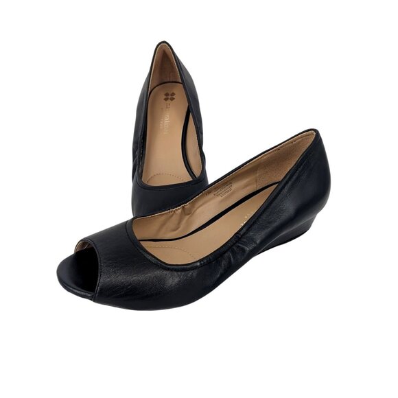 Naturalizer Wedge Pumps Leather Shoes Size 7.5W Contrast Peep Toe Comfort Office - Picture 1 of 12